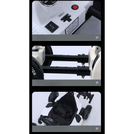 Masinuta Electrica Cyrax, Tip Kart, cu Telecomanda, Dimensiune Reglabila, 2 Viteze, Sistem de Lumini si Sunet, Pentru Copii intre 1.2 - 1.6 Inaltime, 105 x 55 x 50 cm, Alb