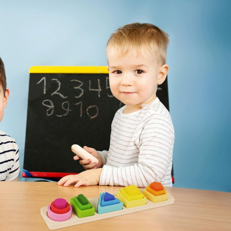 Jucarie Montessori din Lemn, Cyrax, Tip Puzzle, cu 5 Forme Asimetrice, 15 Piese, Educativa, Interactiva, Creativa, Model Forme Geometrice, Materiale Non Toxice, +2 Ani, 29x6.5 cm, Multicolor