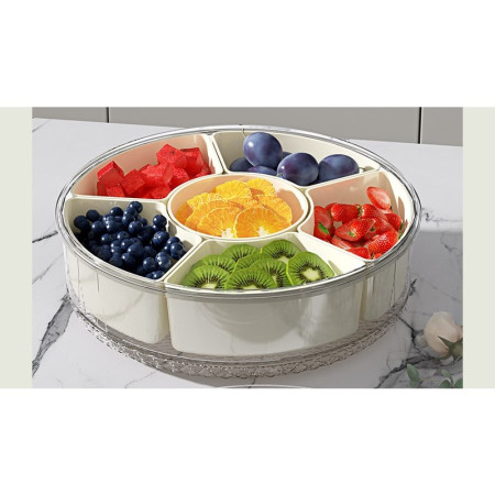 Cutie de Depozitare pentru Alimente, Cyrax, cu 6 Compartimente, pentru Condimente, Fructe, Legume, cu Manere de Prindere, Rotativa 360 de Grade, Inchidere Ermetica, 32x8 cm, Alba