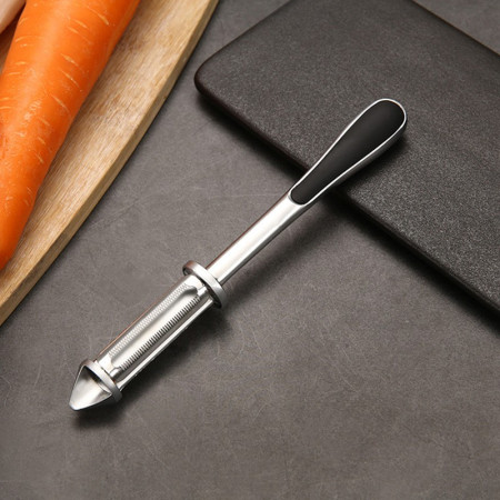 Peeler 2in1 pentru Legume si Fructe, Cyrax, Multifunctional, cu 2 Lame de Curatati si Feliat, Varf Ascutit pentru Gaurit, 18 cm, din Otel Inoxidabil, Argintiu/Negru