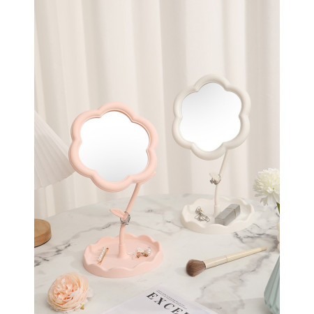 Oglindă de Machiaj pentru Birou, Cyrax, Rotativă, Detasabilă, Model de Floarea Soarelui, Suport pentru Inele, cu Depozitare, Alba