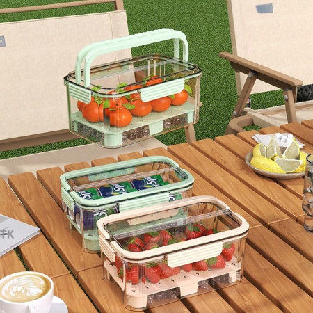 Cutie pentru Depozitare Alimente, Cyrax, de Uz Casnic, 2 Compartimente, Zona pentru Gheata, Mentinere Fresh, cu Maner, Material PET, 23x15x10.8 cm, Verde