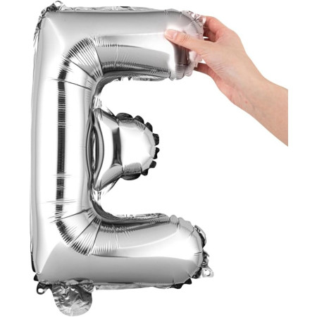 Balon Folie Metalizata Litera E, Cyrax, 80 cm, Umflati cu Heliu sau Aer, Ambalaj Individual, Pai inclus, Argintiu