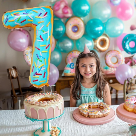 Balon din Folie Metalizata Cyrax, Figurina Cifra, Imprimeu Gogosi, Tema Aniversare 100 cm, Ambalaj Individual, Pai inclus, Umflare cu Aer sau Heliu, Multicolor, Cifra 7