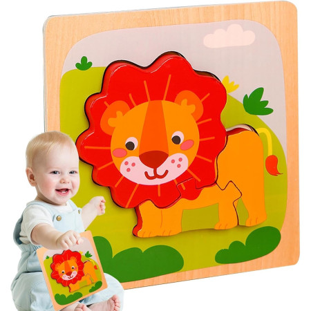 Puzzle Montessori din Lemn pentru Copii, Cyrax, 3D, 0-3 Ani, Model Leu, Educativ, Intuitiv, Creativ, 3 Piese, 15x15x0.5 cm, Multicolor