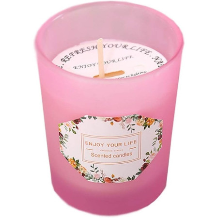 Lumanare Parfumata,  Model Pahar Roz, Aroma de Lamaie si Trandafir, din Ceara de Soia, 6.2 x 5.2 cm, Roz