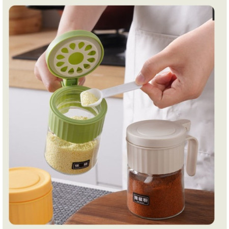 Recipient Condimente, Cyrax, din Stilca, 180 ml, cu Maner si Lingurita, 10.6 x 7 x 7 cm, Capac Mat, Verde