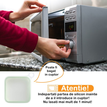 Caserola pentru sandwich Cyrax, din silicon si polipropilena, portabil, usor de curatat, capac anti-scurgere, reutilizabil, 15.5 x 15.5 x 2.5 cm, verde