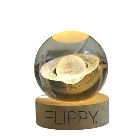 Lampa LED Decorativa,  cu Bila de Cristal cu Diametru 6cm, Model Saturn 3D, Alimentare USB, Suport din Lemn, Lumina Alb Cald