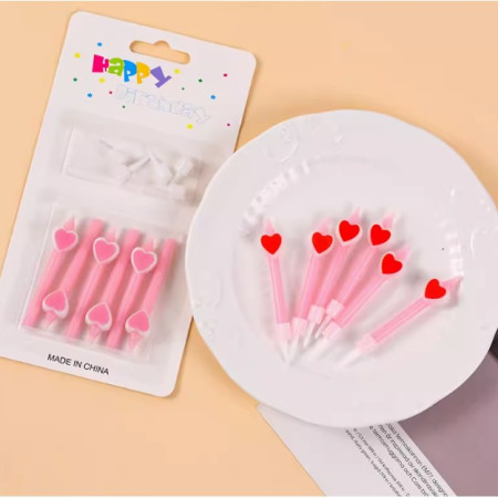 Set 6 Lumanari de Tort, Cyrax, Model Creion cu Inimioare, 5.9 x 1.1 cm, din Ceara, Roz