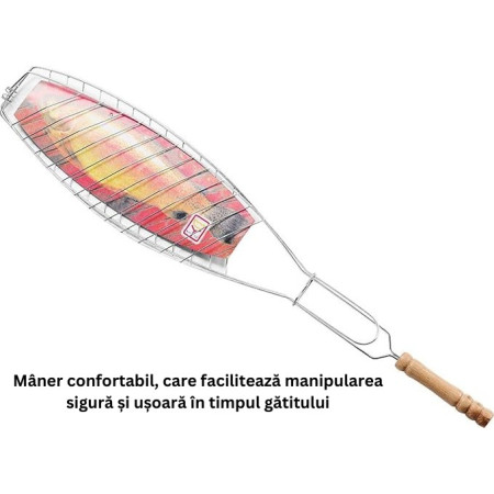 Gratar Grill Inox pentru Peste, Cyrax, cu Maner, de Dimensiuni Reduse, Usor de Transportat si Depozitat, Argintiu, 56x12 cm
