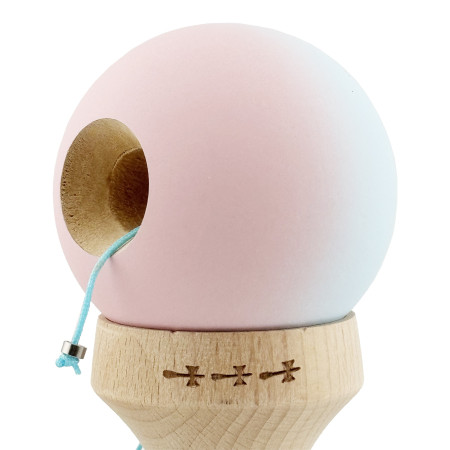 Kendama X Originala, Profesionala, Cyrax, Cupe Mari KING SIZE V3, Rubber Grip, Gaura in Baza, Rulment Metalic, din lemn 18 cm, Ata 62/65 cm, Gradient Albastru deschis/Roz
