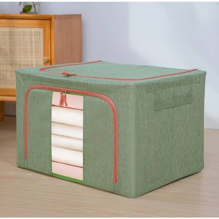 Cutie de Depozitare Pliabila,  Cu fermoar Bidirectional, 66 L, Textil, 50x40x33 cm, Cadru Metalic, o Fereastra, Suport Baza Stabil din Plastic, Verde