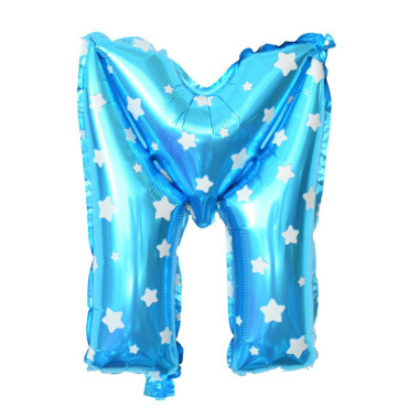 Balon Folie Metalizata Litera M, Cyrax, 40 cm, Cu Imprimeu Stelute, Umflati cu Heliu sau Aer, Ambalaj Individual, Pai inclus, Albastru