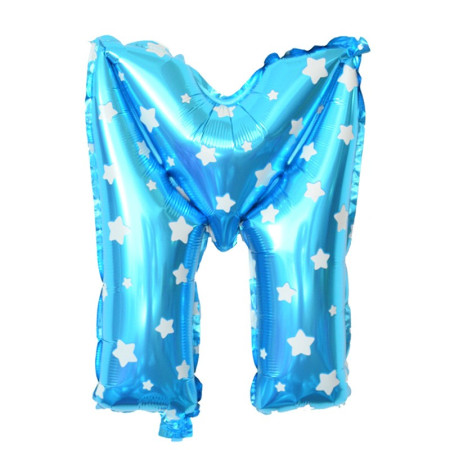 Balon Folie Metalizata Litera M, Cyrax, 40 cm, Cu Imprimeu Stelute, Umflati cu Heliu sau Aer, Ambalaj Individual, Pai inclus, Albastru