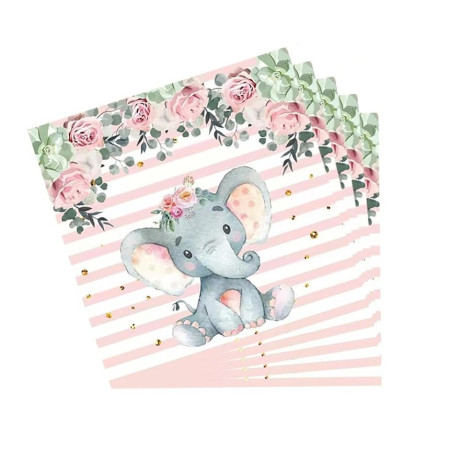 Set 20 de Servetele de Masa, Cyrax, Imprimeu Elefant, din Hartie, 16.5 x 16.5 cm, Roz