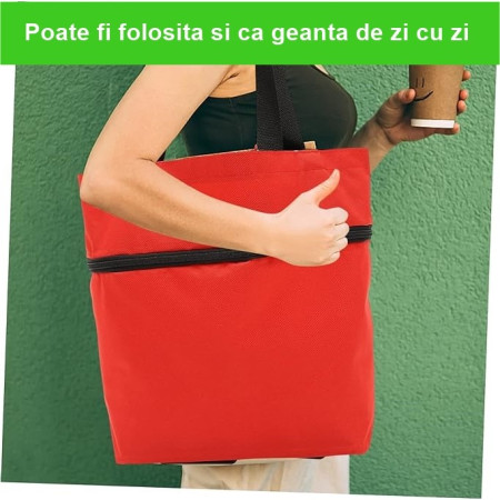 Geanta Pliabila,  2 in 1, Carucior cu Roti, pentru Cumparaturi, 19 l, Rosu, Plastic, 39 x 46 x 12 cm