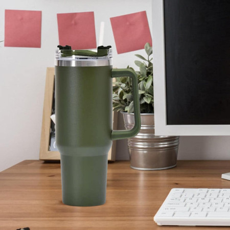 Cana Termos din Plastic, Cyrax, pentru Bauturi Calde si Reci, cu Maner, 9.9x9.9x27 cm, Verde Army