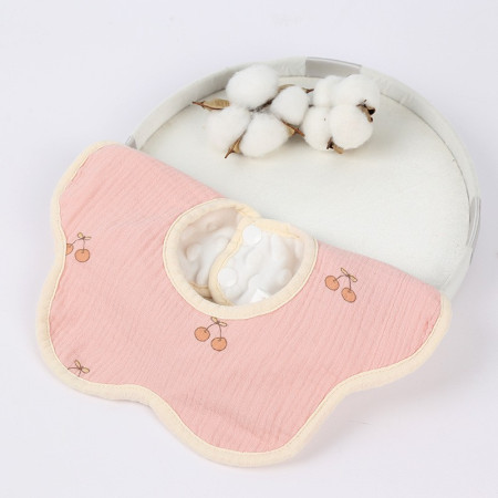 Baveta Tip Floare, Cyrax, din Bumbac, pentru Copii 0-12 Luni, Rezistenta la apa, cu Capse, Model cu Cirese, 26 x 29 cm, Roz
