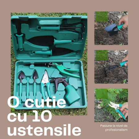 Set 10 accesorii pentru gradinarit  geanta depozitare inclusa, otel inoxidabil, 37 x 28 cm, verde