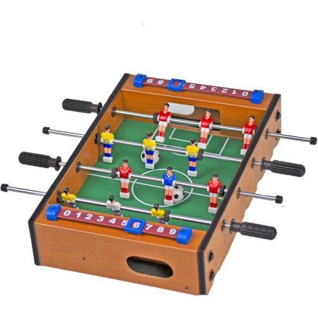 Mini Masa de Fotbal cu Teren si 12 Jucatori Cyrax, 4 Manere, cu Tablou pentru Scor, din Metal, Lemn si ABS, 34.5 x 23 x 7 cm, pentru copii/adulti