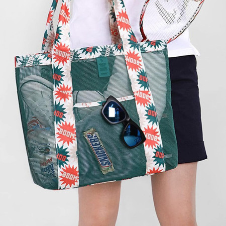 Geanta de Plaja, Cyrax, din Plasa Transparenta, Imprimeu Boom, 43 x 10 x 33 cm, Model pentru Umar, Lungime Inferioara 33 cm, Verde