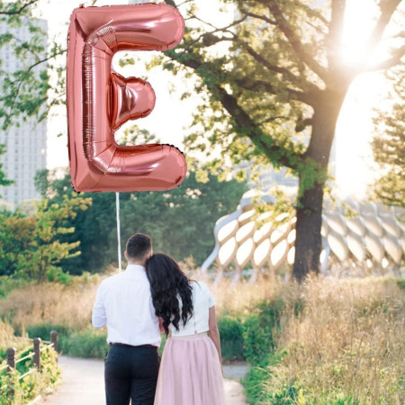 Balon Folie Metalizata Litera E, Cyrax, 80 cm, Umflati cu Heliu sau Aer, Ambalaj Individual, Pai inclus, Rose Gold