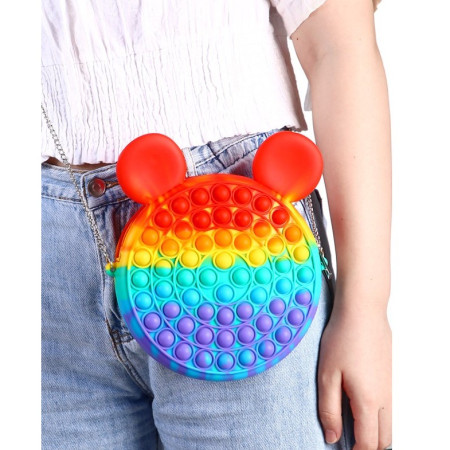 Jucarie antistres din silicon Cyrax, Geanta Pop It, Soricel, 16 cm, Curcubeu