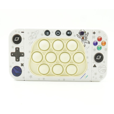 Jucarie interactiva tip consola pentru copii Cyrax, speed push whack-a-mole, joc de viteza pop it, material ABS/silicon, cu nivele, sunete si lumini, 15.5 x 7.6 x 5.3 cm, model astronaut, alb