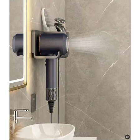 Suport de Baie,  pentru Uscator de Par, cu Organizator Dublu, din Plastic, Aplicare cu Suport Adeziv, 23 x 8.8 x 9.5 cm, Negru