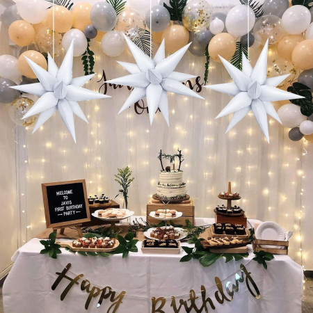 Balon din Folie Metalizata, Cyrax, Figurina Stea 3D, 66 cm, Ambalaj Individual, Pai inclus, Umflare cu Aer sau Heliu, Alb