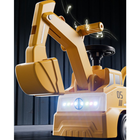 Excavator Manual pentru copii, Cyrax, 3 ani, Sport, Claxon, Cutie Depozitare, Lumini, Scaun, 62x26x47 cm, Galben