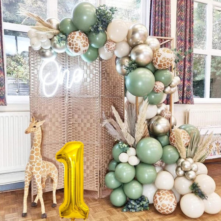 Set 30 Baloane Folie si Latex, Cyrax, Tematica Prima Aniversare, Baloane Latex 30cm, 25cm, Figurina Girafa 32x34 cm, Frunza Palmier 15 cm, Cifra 1 76 cm, Multicolor