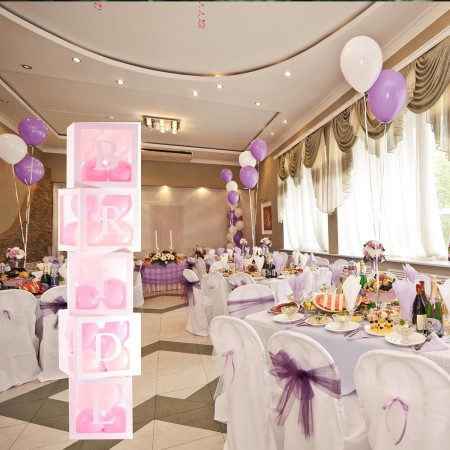 Set 5 Cutii pentru Baloane, Cyrax, Model Scris Bride, Tematica Nunta, Cuburi Decorative din Plastic, Accesorii pentru Petrecere, 30 x30 cm, Transparente Contur Alb