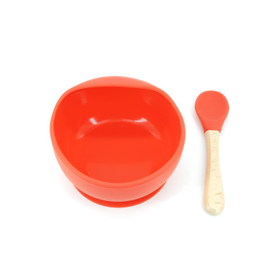 Set 2 piese diversificare bebelusi si copii din silicon Cyrax, bol cu ventuza, lingurita din lemn si silicon, pentru gustari, fara alergeni, rosu