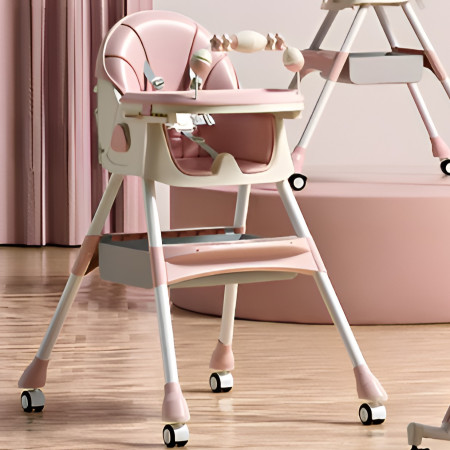 Scaun de Masa pe Roti pentru Copii, Cyrax, 2 Tavite si Husa Detasabile, Multifuncțional, Stabil, Centura de Siguranta, Spatar Reglabil Moale, Balansoar, Cos de Depozitare, de la 6 Luni, Roz