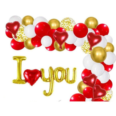 Set Baloane Folie Metalizata, Cyrax, Model I LOVE YOU cu Inimioara, 54x97 cm, Tematica Ziua Îndrăgostiților, Ambalaj Individual, Pai Inclus, Umflare cu Aer sau Heliu, Auriu