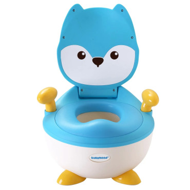 Olita pentru Copii, Cyrax, +6 luni, Compartiment Detasabil, cu Capac, Antiderapanta, din Plastic, Colac Moale, Model Animat Vulpe, cu Maner, 34.5 x 35 x 23 cm, Albastru/Alb