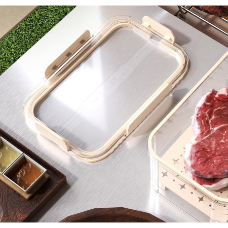 Cutie pentru Depozitare Alimente, Cyrax, de Uz Casnic, 2 Compartimente, Zona pentru Gheata, Mentinere Fresh, cu Maner, Material PET, 23x15x10.8 cm, Bej