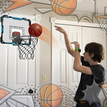 Cos de Baschet pentru Copii, Cyrax, cu Tablou de Bord Electronic, Minge, Pompa, 2 Moduri, Interior/Exterior, Inel Metalic si Rabatabil cu Arc, Luminos, 41x31x5 cm, Multicolor