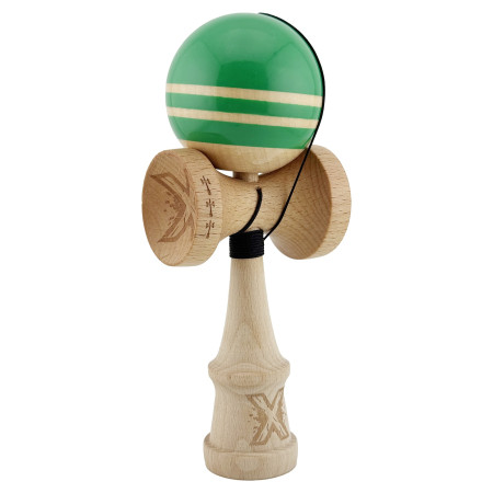 Kendama X Rainbow Originala, Profesionala, Cyrax, Big Cups V2, Super Sticky cu Cupe Mari, Rulment Metalic, din lemn 18 cm, Ata 55 cm, Verde/Maro