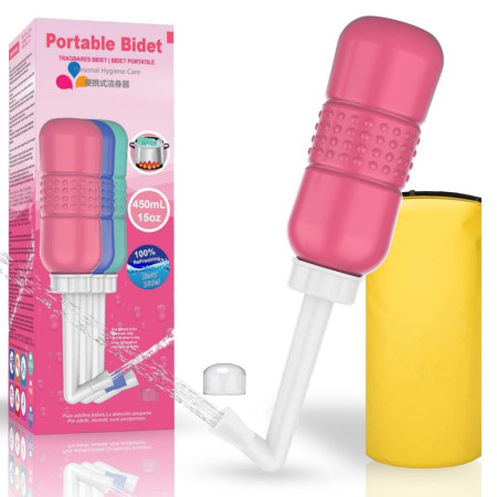 Bideu Portabil pentru Igiena Intima,  pentru Postpartum/ Postoperator, 450 mL, cu Capac si Husa Galbena, 29.5x7 cm, Culoare Recipient Roz