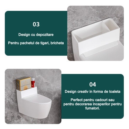 Scrumiera creativa  Forma de Toaleta, Capac Alb , Material ABS si Otel Inoxidabil, 12.5 x 9.8 x 8.4 cm, Fixare prin Lipire sau De Sine Statator, pentru Baie, Camera, Bucatarie, Balcon, Alb