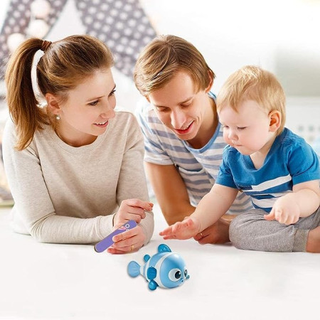 Jucarie mecanica pentru copii Cyrax, pestisor haios, cu cheita, distractiv, se taraste, se misca, 11 x 9 x 7.5 cm cm, albastru