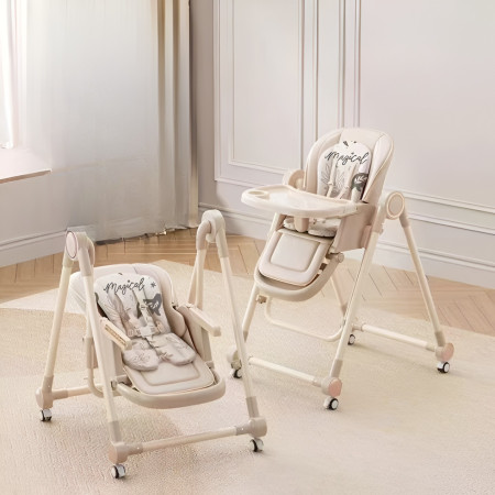 Scaun de Masa pentru Bebelusi si Copii, Cyrax, Tavita si Husa Detasabile, Multifuncțional, Stabil, Centura de Siguranta, Inaltime Ajustabila, Spatar Reglabil Moale, Balansoar, de la 6 Luni, Bej
