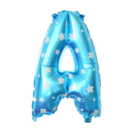Balon Folie Metalizata Litera A, Cyrax, 40 cm, Cu Imprimeu Stelute, Umflati cu Heliu sau Aer, Ambalaj Individual, Pai inclus, Albastru
