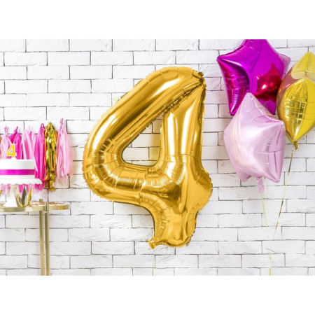 Balon din Folie Metalizata Cyrax, Figurina Cifra, Tema Aniversare 80 cm, Ambalaj Individual, Pai inclus, Umflare cu Aer sau Heliu, Auriu, Cifra 4