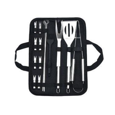 Set 16 Ustensile pentru Gratar, Cyrax, din Otel Inoxidabil, Geanta Oxford, Argintiu