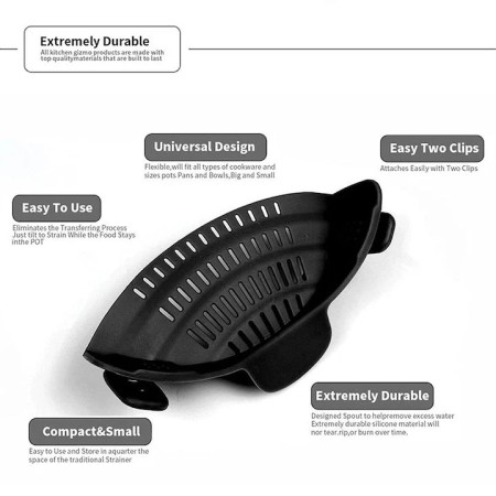 Strecurator Filtru pentru Vase, Cyrax, din Silicon Rezistent la Temperaturi Inalte, Universal, Paste, Legume, Fructe, 23x12.5x6.7 cm Negru