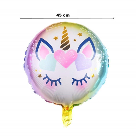 Balon din Folie Metalizata, Cyrax, Mini Figurina Rotunda, Model Unicorn, Happy Birthday, Tematica Aniversare, 45 cm, Ambalaj Individual, Pai Inclus, Umflare cu Aer sau Heliu, Multicolor